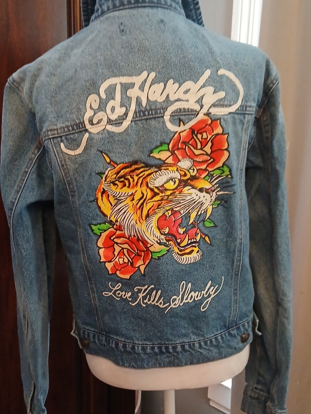 Ed Hardy Blue Denim Jacket with Vibrant Tiger & Rose Embroidery